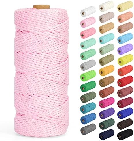 Macrame Cord 3mm x 109Yards (328Feet), Natural Cotton Macrame Rope - 4 Strands Twisted Macrame Cotton Cord for Wall Hanging, Plant Hangers, Crafts, Gift Wrapping and Wedding Decorations, Light Pink