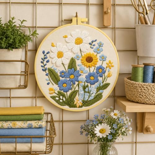 HRTHRT Embroidery Kit for Beginners, Flower DIY Craft Set with Hoop