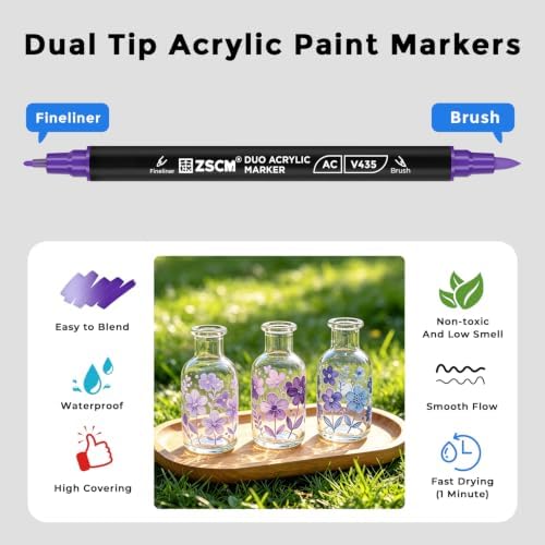 ZSCM 12 Purple Acrylic Paint Markers, Dual Fine & Brush Tip Acrylic Pens