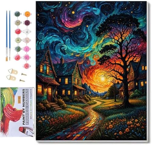 ldazao Framed Starry Paint by Numbers Kit for Adults, Country Night Paint by Number Artist Kits for Beginner Moon for Gift Home Wall Decor 9.5x12 Inch