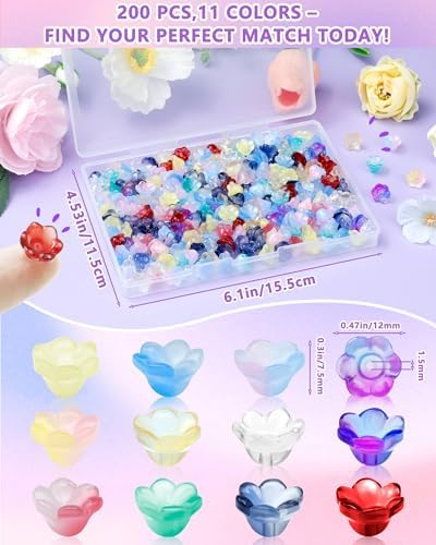 FIVEIZERO Flower Charms, 200PCS Glass Lily Bell Flower Beads, 11 Colors