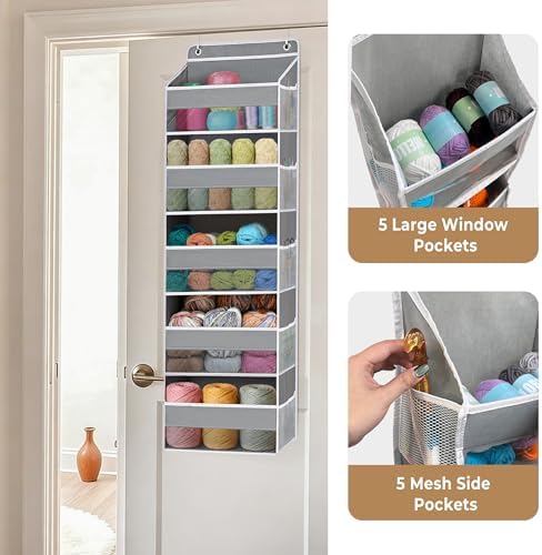 Over the Door Organizer, Hanging Yarn Storage, Large Capacity Knitting Organizer with 5 Mesh Side Pockets, Hanging Shelves for Yarn,Crochet Accessories and Knitting Supplies, Black