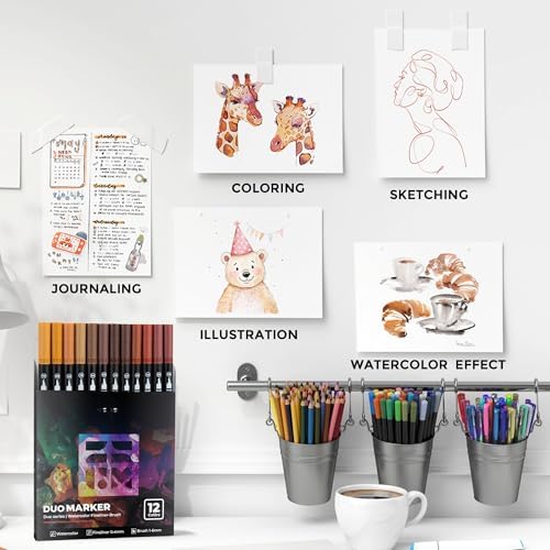 Brown Duo Tip Marker Pens, 12 Fine & Brush Tip Pen For Adult Coloring Books