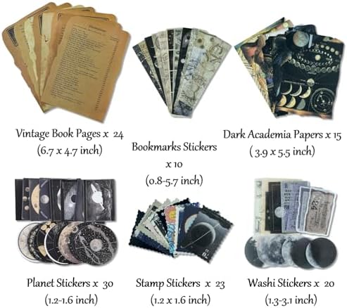 Vintage Aesthetic Scrapbook Supplies Kit with Scrapbook Paper, Stickers for Scrapbooking, DIY Albums, Junk Journals, Bullet Journals, Celestial Universe Planets Space Collage Decor (Dark4 125 Pcs)