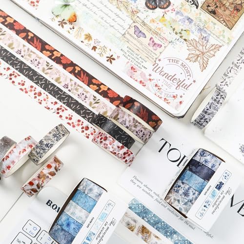 Flowers Washi Tape Set 60 Rolls Leaves Patterns Decorative Skinny Snow Masking Tapes for Arts, DIY Crafts, Journals, Planners, Scrapbook, Wrapping (Winter)