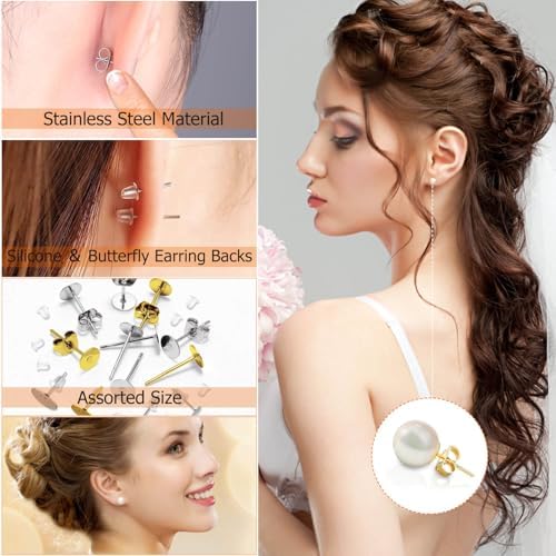 Hypoallergenic Earring Posts and Backs, Caffox 2000pcs Stud Earrings Making Kit with Ear Ring Base and Earring Backs for Leather Stud, Clay, Pearl Jewelry Making (Gold & Silver)