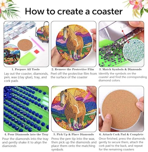 Diamond Art Coasters Kit, 8 Pieces Horse Diamond Painting Coasters Kit