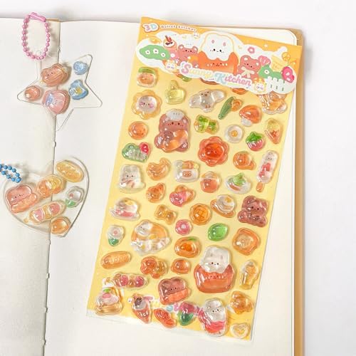 Kawaii 3D Puffy Stickers, Cute Bread & Rabbit Relief Stickers, Waterproof Aesthetic Decals for Journaling, Scrapbooking, Water Bottles, Laptops, DIY Crafts, Sunny Kitchen Food Themed
