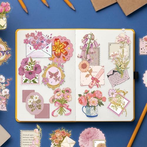50Pcs Vintage Stickers,Waterproof Transparent PET Aesthetic Decorative Sticker Scrapbooking Supplies for Adult Card Making Letters Planner Journaling Junk Journal DIY Water Bottles Art Craft.Flowers
