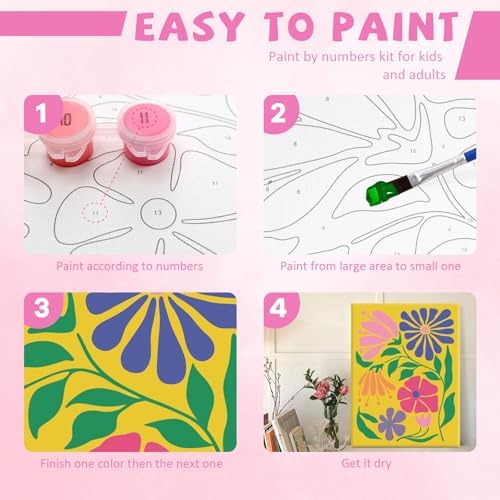 goldentime 4 Pack Framed Paint by Numbers Kit for Adults Beginner & Kids | Flowers Easy Adult Paint by Number Kits on Canvas with Frame | 8x10 Inch Floral Canvas Painting for Home Décor Gift