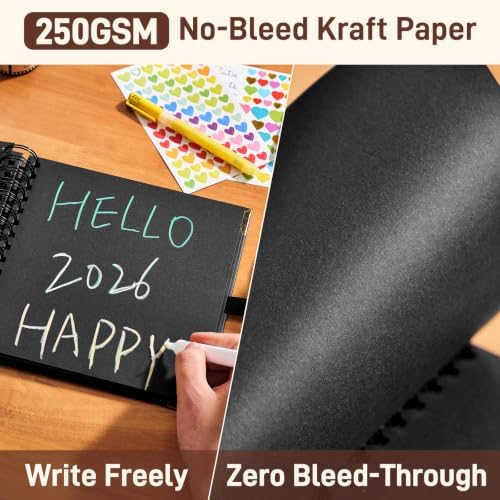 OVESMUSL 8x8 DIY Scrapbook Kit, Black, 40 Pages | Features 250gsm kraft paper, metal corners, 3D interactive elements, and glue stick. Great for wedding, anniversary, baby.
