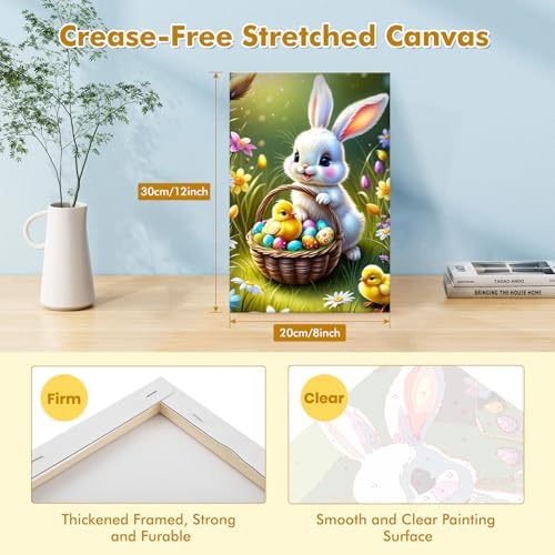 Bowetile Framed Paint by Numbers Easter Kit for Adults, Adults' Paint-by-Number Bunny Kits on Canvas, Painting by Numbers Rabbit, DIY Acrylic Number Painting for Home Wall Decor, 8x12in