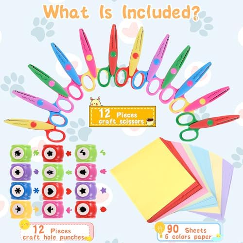 12 PCS Craft Scissors Decorative Edge, 12 PCS Small Hole Punch Shapes, 90 Sheets Colorful Origami, Adults Craft Kit for DIY Crafts, Scrapbooking, Card Making, School Supplies