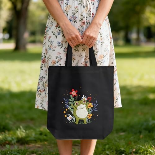 ERKOON Canvas Tote Bag Embroidery Kit for Beginners, Needlepoint Arts Crafts Cross Stitch Kits for Adults Including Stamped Embroidery Bag with Hoops, Needle, Instruction and Color Threads (Frog)