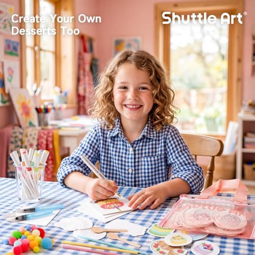 Shuttle Art 105 Pcs Magic Foam Texture Painting Kit Dessert Series: 24 Dessert Foam Pieces, Slime, Clay, Pastry Display Case, 12 Acrylic Paint Markers, Magical 3D Effect DIY Art for Kids Ages 3-12