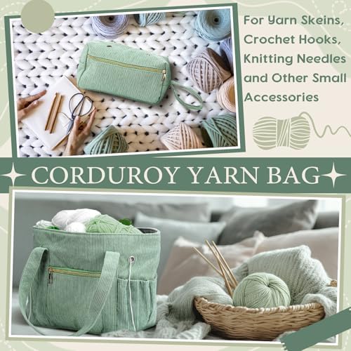 Bulyoou 2 Pcs Crochet Tote and Yarn Bag Set Corduroy Yarn Holder,Green