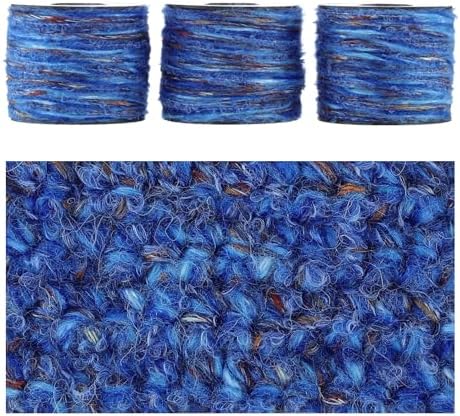 Artisanal Yarn Collection Multifiber Fancy Yarn for Knitting Crocheting Crafts DIY, Set of 3 Rolls(100 Cobalt Blue Velvet Waves)