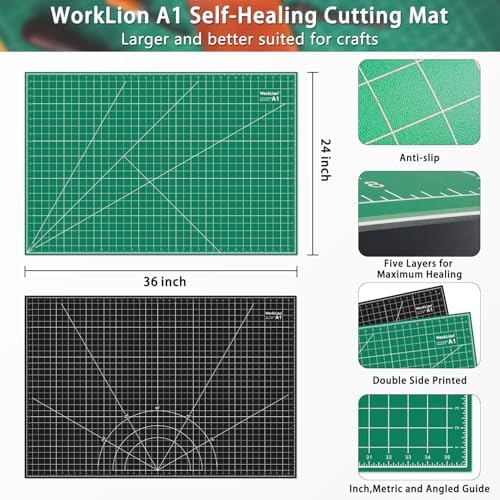WORKLION Self Healing Cutting Mat: 24 x 36 inch Large Double Sided 5-Layer Gridded PVC Cut Mat for Sewing & Quilting & Scrapbooking & Arts and Crafts Projects (Green/Black)…