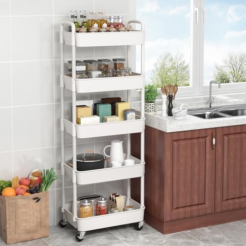Sywhitta 5-Tier Plastic Rolling Utility Cart with Wheels for Storage,White