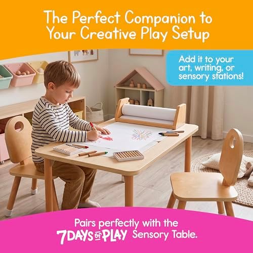 Wooden Kids Paper Roll Dispenser with 12" x 75 ft Art Paper Roll – Tabletop Easel for Drawing, Painting & Crafts – Smooth Easy-Pull Holder for Creative Play – 7 Days of Play