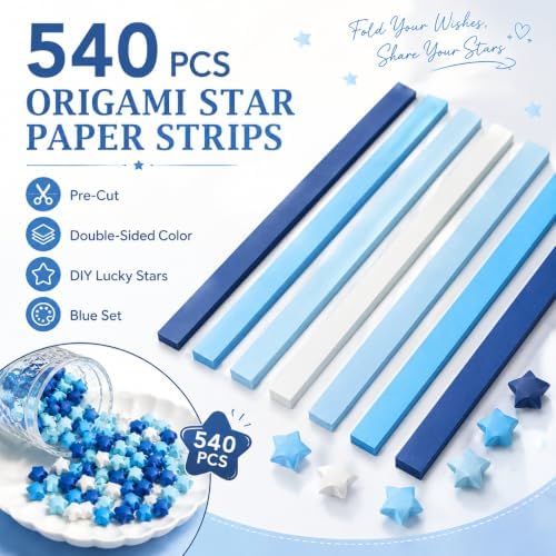 540Pcs Origami Star Paper Strips, Double-Sided Colored Paper for DIY Lucky Stars, Pre-Cut Wishing Star Craft Kit (Blue, 1)