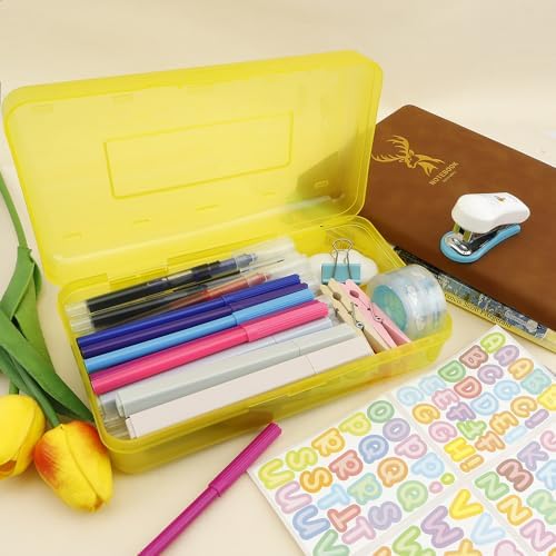 Yellow Pencil Case Box Plastic Aesthetic Hard Pencil Case with Stickers Stackable Storage Box for Girls Boys Big Capacity 1 Pack for Pens School Stylish Office Supplies Storage Organizer Boxs Medium