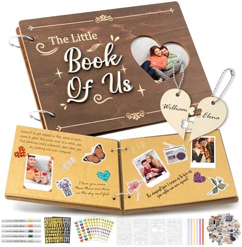 CY2SIDE Valentine's Day Couple Photo Album Scrapbook - 111PCS The Little Book of Us Wooden Album Scrapbook Kit for Lovers with Heart Puzzle Brown Paper Sticker and Template for DIY Dating Anniversary