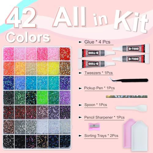 59000 PCS 42 Colors Rhinestones for Bedazzling 3mm Multicolor Resin Jelly Flatback Gems with 4 Pcs B7000 Jewelry Glue & Tools, Bedazzler Kit for DIY Crafts Book Makeup Shoes Gifts Decor