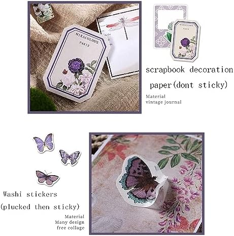 Alideco 200pcs Vintage Scrapbook Stickers Kawaii Fairy Scrapbooking Paper Washi Junk Journaling Supplies Collage Album Aesthetic Cottagecore Picture Frames(Plant Butterfly)