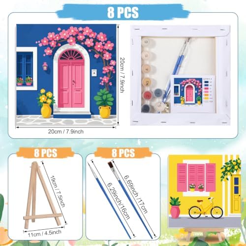 Nezyo 8 Sets 8 x 8 Inch Paint by Numbers Kit for Adult Beginners with Wooden Easels Acrylic Paint by Number Landscape Paintings Kits for DIY Party Home Decor Gift(Town)