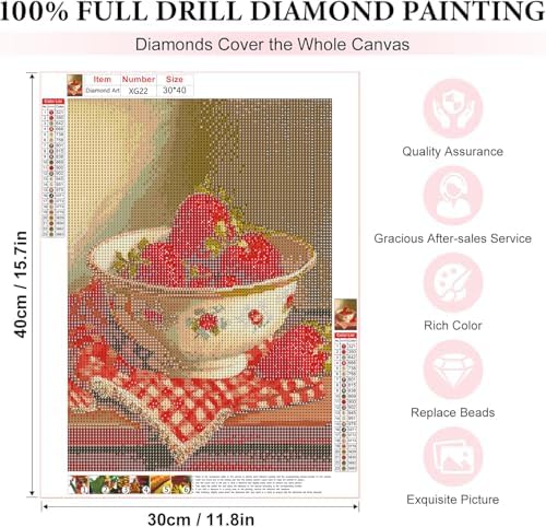 CraftBliss 5D Diamond Painting Kits for Adults, Vintage Strawberry Bowl Still Life, DIY Rhinestone Art Kit, Cottagecore Kitchen Wall Decor, Aesthetic Dining Room Home Art, 12x16 inch (30x40cm)