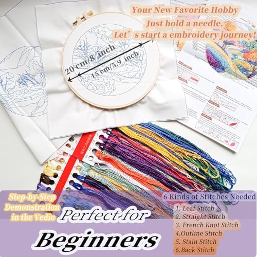 FONNUY 2 Set Embroidery Kit DIY for Adult Beginner, Pre-Stamped Patterns Mountain Sea Embroidery Kits with Hoop, Colored Threads and Needles, Easy to Follow Needlework (Autumn Trees)