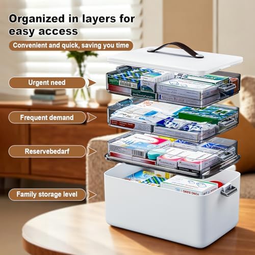 MOPUP 4-Tier Medicine Craft,Sewing,Art,Organizer Storage,Portable Latch Bin with Lid and Leather Handle,Pill Bottle, First Aid,Comes with a 7-Day Pill Organizer,A Household Essential