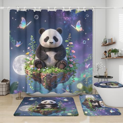 Kawaii Cartoon Animal Panda 4Pcs Shower Curtain Sets,Fairy Tale Forest Night Full Moon Bathroom Decor Set,Cute Panda Bears Butterflies Toilet Lid Rug, Bath Mat and Contour Mat