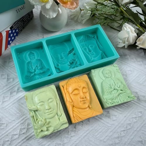 3 Cavity Buddha Silicone Soap Mold - 3D Buddha & Lotus Soap Making Mold for Homemade Soap, Candles & Crafts - Non-Stick Reusable Silicone Craft Mold