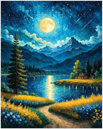 Lovepefe Moon Paint By Numbers Kit for Adults Beginner Forest Adult Paint By Number Kits On Canvas Adults Kits DIY Lake Flowers Oil Painting Kits for Gift Home Wall Decor 16x20 Inch