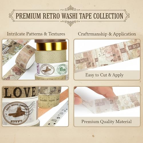 Washi Tape Set, 24 Rolls Vintage Washi Stickers, Assorted Sizes, for Junk Journal Scrapbook Tape, Bullet Journaling Scrapbooking Supplies, Planner Sticker DIY Craft DéCor (Brown)