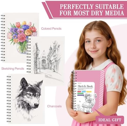 Sketch Book with 12 Color Pencil Set, 90 Sheets Spiral Sketchbook for Drawing (68lb/100gsm), Acid-Free Sketch Pad for Kids Artist, Art Paper Drawing Supplies for Gifts(Pink) (Pack of 2)