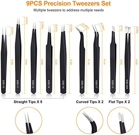 kaverme 9PCS Precision Tweezers Set, Upgraded Anti-Static Stainless Steel | Tweezers for Electronics, Soldering, Laboratory Work, Jewelry-Making, Model, Craft