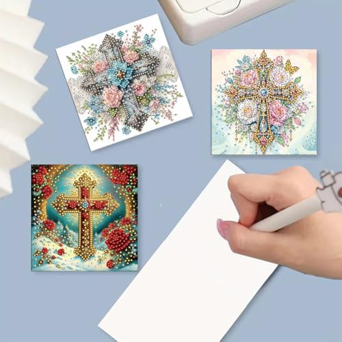 Diamond Art Cards with Envelopes–6PCS DIY Diamond Painting Greeting Cards Kit | Card Making Kit with Bling for Adults & Beginners | Birthday,Holiday & Thank You Cards (Flower and Cross)