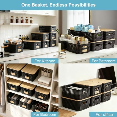Bagnizer Small Plastic Storage Bins with Bamboo Lids 5.2qt Stackable Box Basket Pantry Decorative Containers Cute with Lable for Organizing Desktop Closet Office Black of 6 packs 10 * 7.2 * 4.1"