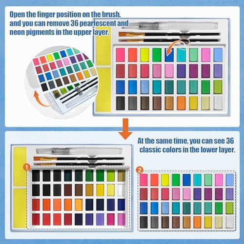 72 Colors Large Block Watercolor Paint Set for Watercolors Workbook, Portable Water Colors Paint Kit with 2 Paintbrushes 1 Waterbrush, for Adult Painting Beginners & Professional Amateur Hobbyists
