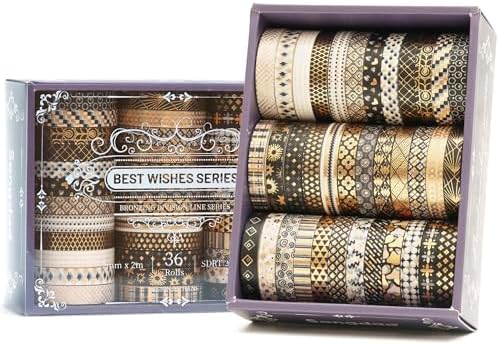 36 Rolls Skinny Washi Tape Set Gold Foil Detailing Arts Adhesive Tapes Basic Patterns Decorative Masking Tape Sets for Craft, Kids, Scrapbook, DIY, Gift Wrapping (Black & Gold)