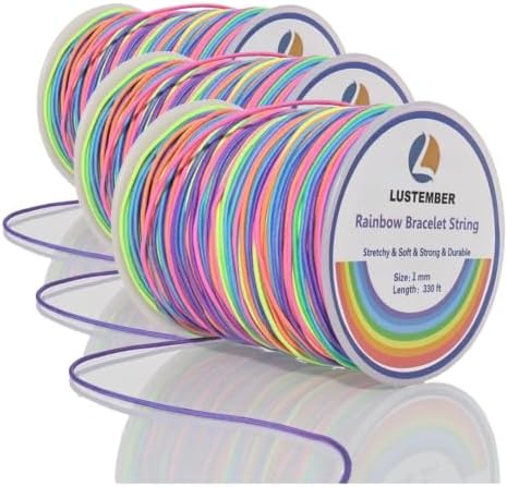 LUSTEMBER 1mm Bracelet String Elastic String, 330 Feet Sturdy Durable Rainbow Elastic Cord for Bracelets, Jewelry Making, Necklaces, Beading and Crafts (Pack of 3)