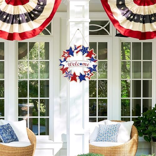 Large 12" Wooden 4th of July Crafts Star Ornaments to Paint, DIY Blank Unfinished Star Door Sign Wreaths for Front Door Plaque 250th Anniversary Hanging Patriotic Day Independence Day Decorations