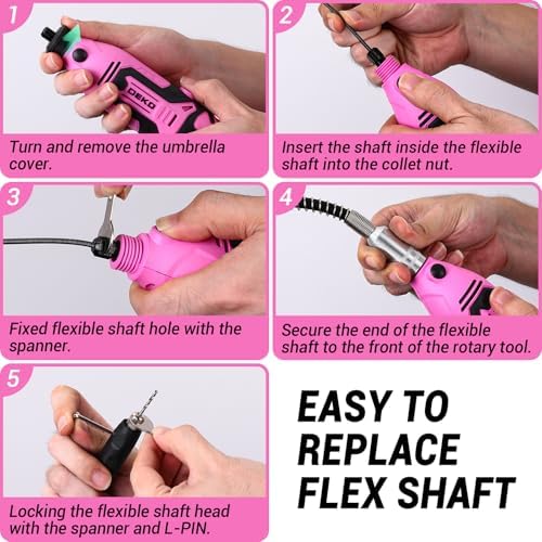 Rotary Tool Kit:DEKOPRO 1.4-Amp Power Hand Rotary Tools with 6 Variable Speed, 127pcs Accessories, 8000~35000RPM Electric Grinder Drill Machine Set with Flex Shaft for Carving, Cutting, Sanding Pink