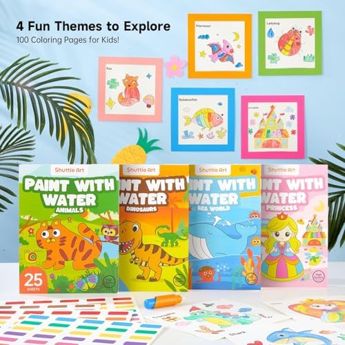 Shuttle Art Paint with Water Coloring Book for Kids, Pack of 4, 100 Sheets Watercolor Paint Set for Kids Ages 3-5, 4-8, Mess Free Travel Art Supplies, Birthday Christmas Craft Gift
