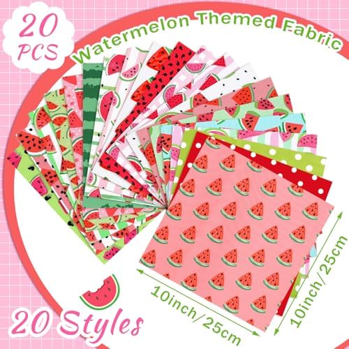 HunnmingRe 20 Pcs 10''x10'' Watermelon Quilting Fabric Square Watermelon Precuts Quilted Fabric Bundle Plaid Polka Dot Stripes Printed Sewing Material for Spring Summer Patchwork DIY Craft Supplies