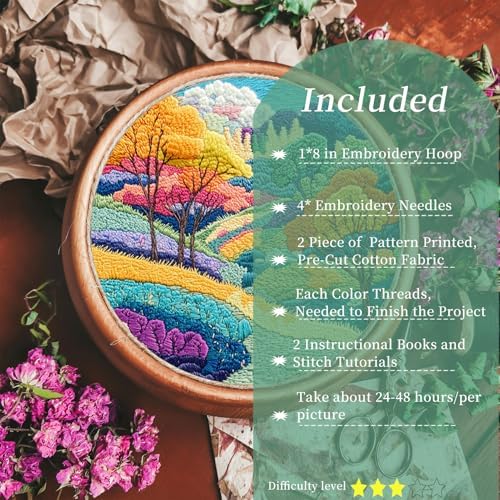 FONNUY 2 Set Embroidery Kit DIY for Adult Beginner, Pre-Stamped Patterns Mountain Sea Embroidery Kits with Hoop, Colored Threads and Needles, Easy to Follow Needlework (Autumn Trees)