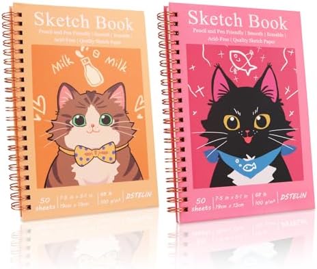 DSTELIN 2 Pack Hardcover Sketchbooks (100 GSM Sketch Paper), 7.5x5.1 Inch Spiral Sketch Book for Sketching, Drawing, Painting, 50 Sheets per Pack, Red and Yellow